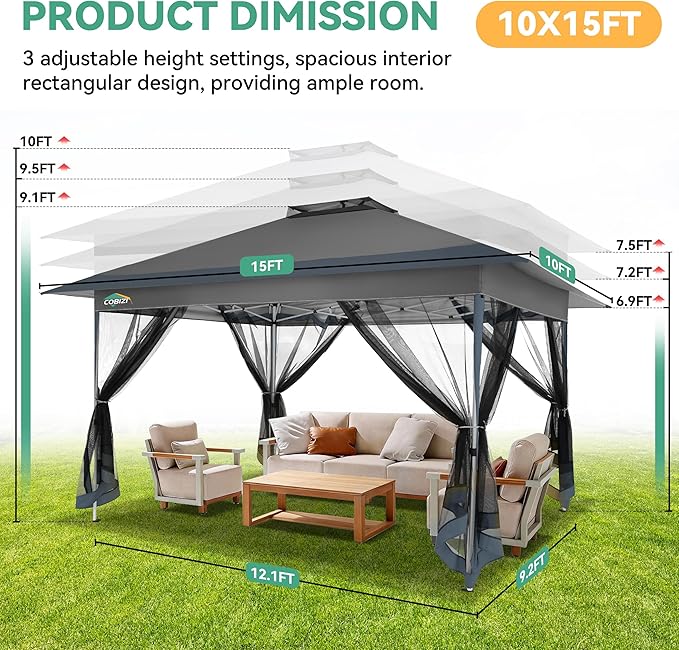 COBIZI 10x15 FT Pop up Gazebo on Clearance - Outdoor pop up Canopy Tent,carpas para Patio, Shelter - Screen Tents with Portable Carry Bag, Patio Gazebos for Camping,Garden,Deck,Backyard,Darkgrey