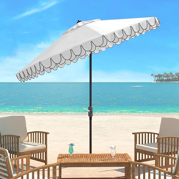 SAFAVIEH 9ft Outdoor Patio Umbrella, Round, Valance, Ivory & Black Trim, Auto Crank Tilt, UV Resistant for Deck, Backyard, Poolside (PAT8006E)