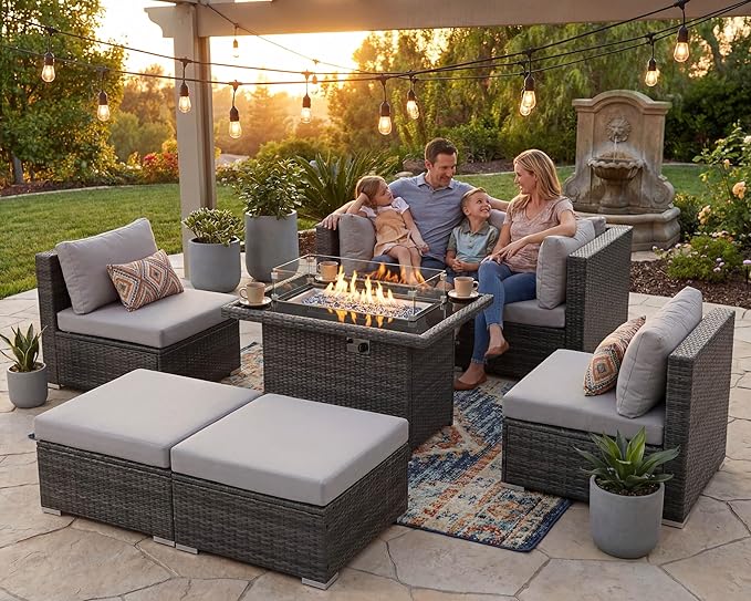 NICESOUL 6 Seats Modern Outdoor Furniture Set with Firepits Natural Gas/Propane, Extra Large Wicker Patio Sofa Sectionals for Outside, 29.3'' High Backrest Modular Deep Seated Conversations, Gray