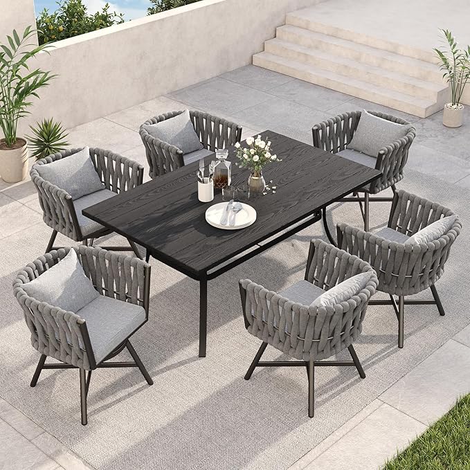 Grand patio 7-Piece Outdoor Dining Set for 6, Patio Dining Furniture Set for 6 Swivel Rope Wicker Chairs & 1 Bent Legs Rectangular Dining Faux Woodgrain Table with Umbrella Hole, Light Gray Brown