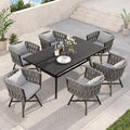 Grand patio 7-Piece Outdoor Dining Set for 6, Patio Dining Furniture Set for 6 Swivel Rope Wicker Chairs & 1 Bent Legs Rectangular Dining Faux Woodgrain Table with Umbrella Hole, Light Gray Brown