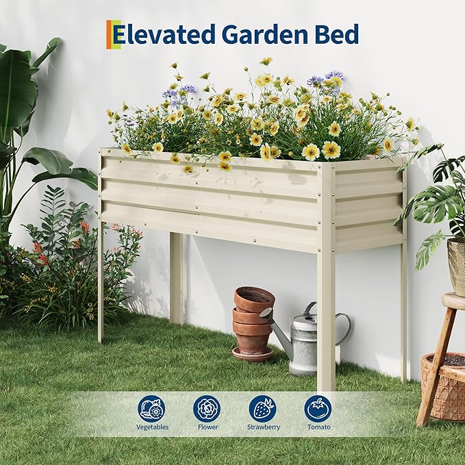 Galvanized Raised Garden Bed with Legs&Water Storage - 50×32×17 in Metal Planter Box, Outdoor Raised Garden Beds Gardening, Durable Planter Raised Beds, Sturdy Planters for Outdoor Plants (Beige)