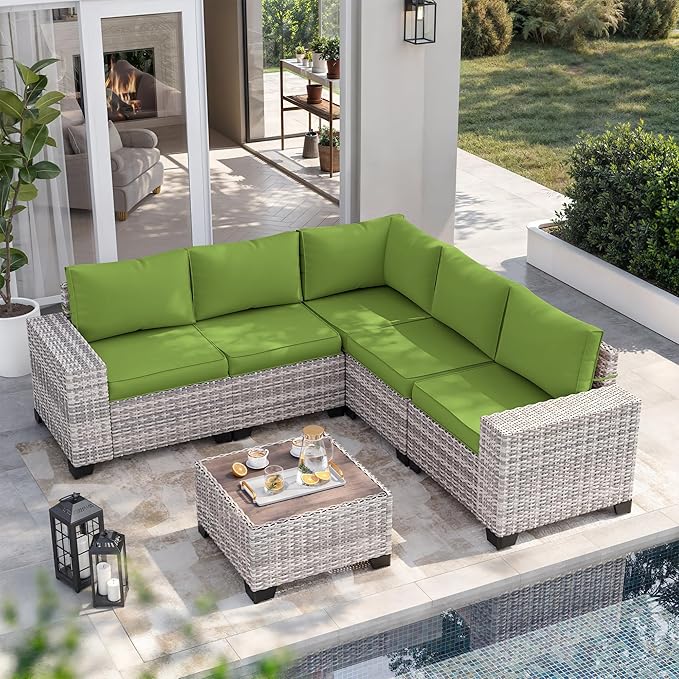 6-Piece Outdoor Patio Furniture Set Wicker Sectional Sofa Set, Patio Conversation Set with Thickened Cushions & Coffee Table for Garden, Backyard, Poolside, Avocado Green