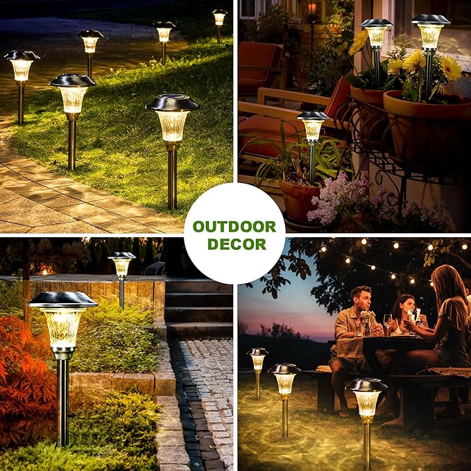GIGALUMI Solar Pathway Lights, 8 Pack Solar Light Outdoor Waterproof, Glass Stainless Steel Automatic Solar Landscape Lights for Patio, Yard, Lawn, Driveway, Walkway (Warm White)