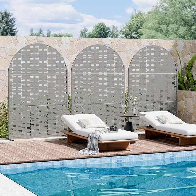 Casaphoria Metal Arched Privacy Screen Outdoor, 72" H x 47" W Freestanding Decorative Privacy Screen for Patio Deck Balcony Garden with Stable Base, Grey-Brick
