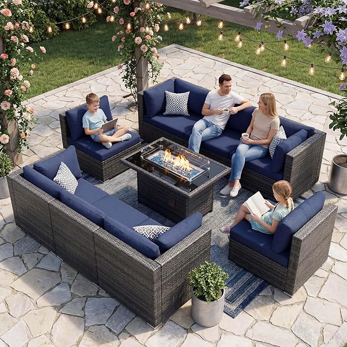 NICESOUL 9 Piece Large Outdoor Patio Furniture Set with Fire Pit Table Gas/Propane, 29.3'' High Back Rattan Modular Sectional Sofa, Extra Wide Conversations for Backyard, 2 Color Cushion Navy & Gray