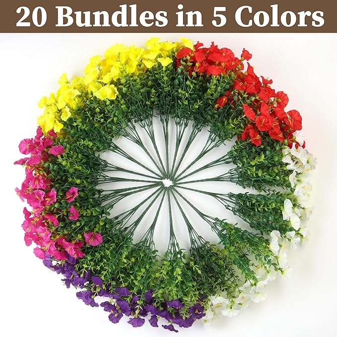 20PCS Artificial Fake Flowers for Outdoors/Indoors, Faux Silk Colorful Morning Glory with Eucalyptus, UV Resistant Realistic Floral Arrangement for Garden Porch Window Box Home Balcony Yard (5 Colors)