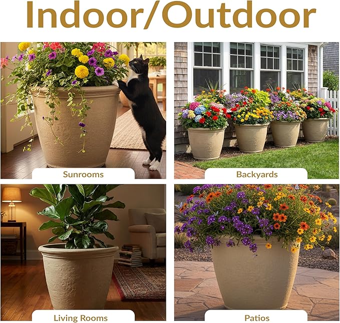 Sunnydaze 20-Inch Anjelica Large Plastic Pot for Plants - Outdoor Double-Walled Large Plastic Planter with Drillable Drainage Holes - Beige - 2pk