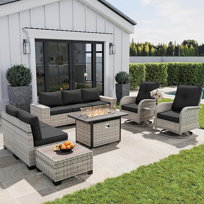 10-Piece Outdoor Patio Furniture Set with Rocking Swivel Chair, PE Wicker Rattan Sectional Sofa Patio Conversation Set with 55,000 BTU Fire Pit Table & Coffee Table, Dark Grey