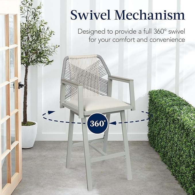 Best Choice Products Outdoor Bar Stools Set of 2, Bar Height, 360° Swivel Aluminum Frame, All-Weather Woven Rope Chair Design w/Armrests - Gray/Meteor