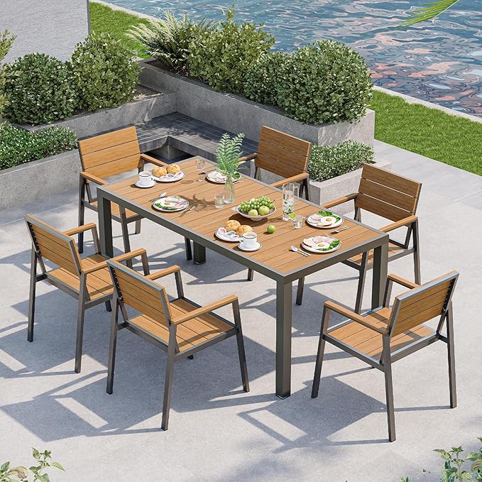 7-Piece Outdoor Dining Set, Aluminum Dining Table Set for 6, Patio Table and Chairs Set with Umbrella Hole, All Weather HDPS Outdoor Table and Chairs for 6 (Gray-Teak)