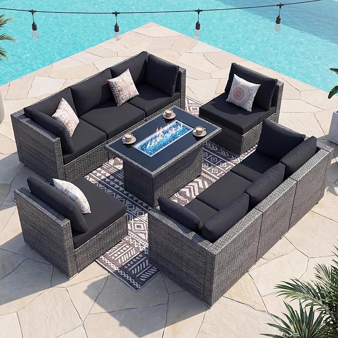 NICESOUL 9 Piece Outdoor Patio Sectional Furniture Set with Firepit Table Natural Gas/Propane, 29.3 High Back Comfy Conversations for Outside, 8 Seats Large Rattan Couch, 2 Color Cushion Black &Grey