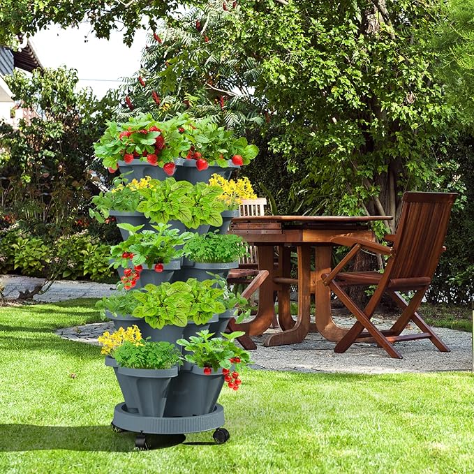 Strawberry Stackable Planters, Vertical Tower Garden, 6 Tiered Stacking Herb Vegetable Planters with Movable Casters and Bottom Saucer Indoor and Outdoor - Dark Grey