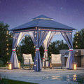 LAUSAINT HOME Semi-Permanent Outdoor Patio Gazebo 8'x8', Heavy Duty Party Tent Shelter with Double Roofs, Mosquito Nettings and Privacy Screens for Backyard, Garden, Lawn, Classic Blue