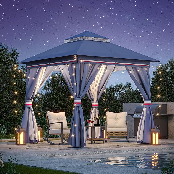 LAUSAINT HOME Semi-Permanent Outdoor Patio Gazebo 8'x8', Heavy Duty Party Tent Shelter with Double Roofs, Mosquito Nettings and Privacy Screens for Backyard, Garden, Lawn, Classic Blue