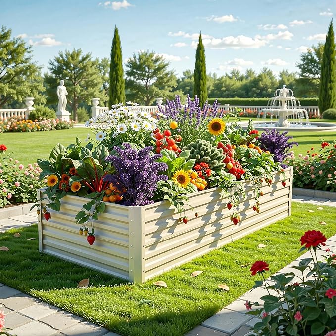 YITAHOME 6x3x2ft 2pcs Large Raised Garden Bed Kit, Galvanized Metal Planter Box with Gloves, Support Rod, Outdoor Above Ground Planters for Plants Vegetables Flowers, Cream Yellow
