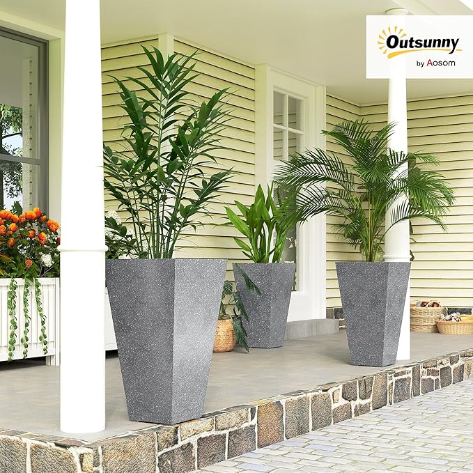 Outsunny 28 Inch Tall Planters for Outdoor Plants, Set of 3 Plastic Flower Pots with Marble Finish and Drainage Holes, Stackable Tapered Large Planters for Indoor Plants, Front Porch Decor, Gray