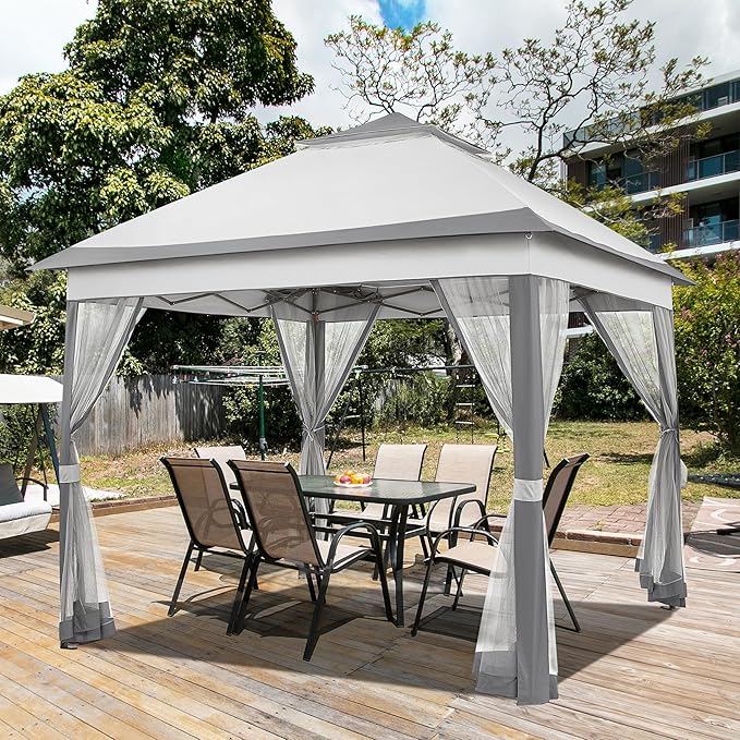 Yaheetech 11x11 Pop Up Gazebo Outdoor Canopy Shelter, Instant Patio Gazebo Sun Shade Canopy Tent with 4 Sandbags, 2 Tiers Roof & Mesh Netting for Lawn, Garden, Backyard & Deck, Gray
