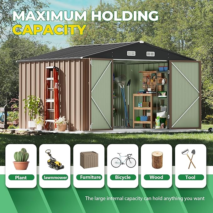 Devoko 10 x 8 FT Outdoor Storage Shed, Metal Garden Sheds & Outdoor Storage Clearance, Large Tool Shed Outdoor with Single Lockable Door for Patio Lawn Backyard (Brown)