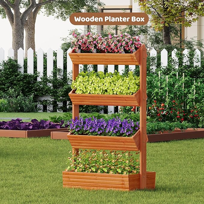 FILWH Wooden Raised Garden Bed Vertical Planter Box, Freestanding Plant Stand for Indoor Outdoor Plants, Herbs, Flowers, Vegetables, Gardening (Reddish Brown, 4-Tier，29.9 x 17.9 x 55in)