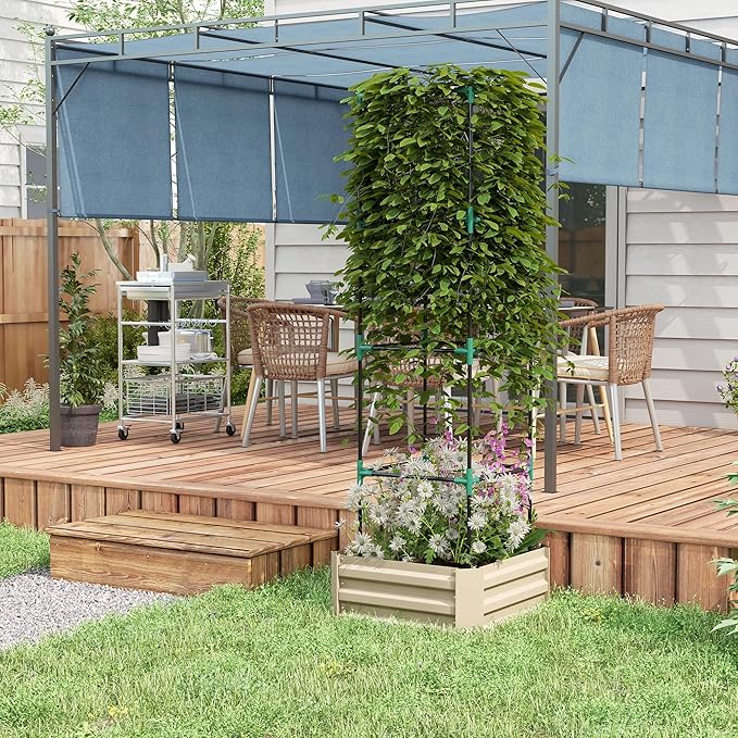 Outsunny Galvanized Raised Garden Bed, 73.5" Tall Outdoor Planter Box with Trellis Tomato Cage and Open Bottom for Climbing Vines, Vegetables, Flowers in Backyard, Garden, Patio, Cream