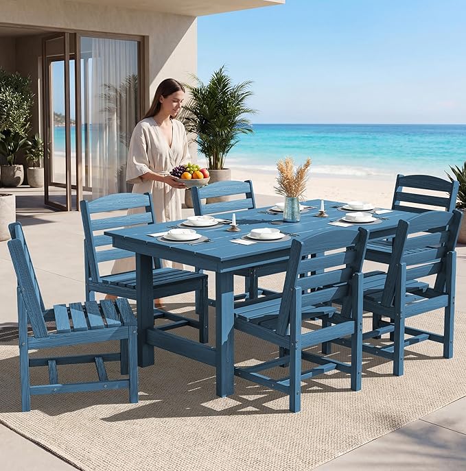 SERWALL Patio Dining Sets for 10 Person, HDPE Dining Set with 2 Tables, 8 Armless Chairs and 2 Armed Dining Chairs, Blue