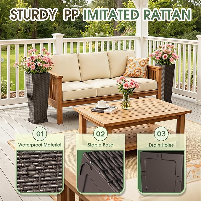 Set of 2 24 Inch Tall Plastic Planters with Drainage Saucers, Rattan Pattern UV Resistant Indoor Outdoor Flower Pots for Patio Garden Balcony Decor, Brown
