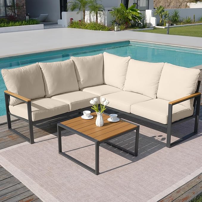 Metal Patio Furniture Set, 6 Pieces Outdoor Sectional Sofa Set with Side Table, L Shape Patio Conversation Set with Faux-Wood Tabletop, Outdoor Couch for Balcony, Porch, Backyard,Beige