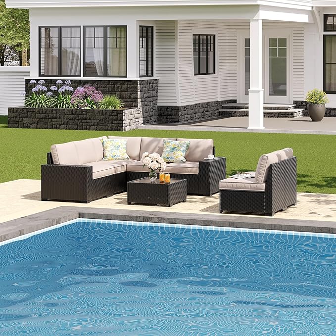 8 Pieces Patio Furniture Set All-Weather Outdoor Wicker Sectional Conversation Sofa Rattan Patio Seating Sofa with Cushion and Glass Table for Porch Poolside,Navy