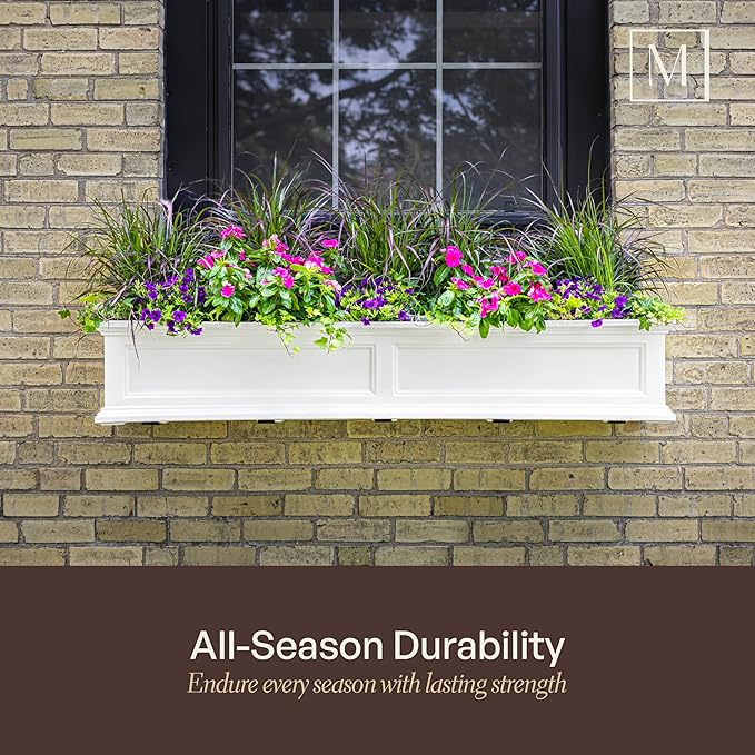 Mayne Fairview 3ft Durable Self Watering Window Box Planter with Wall Mount Brackets, UV & Weather Resistant, Double Wall Design, New England Architecture for Outdoor Décor, White