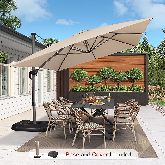 PURPLE LEAF 10'×13' Patio Umbrella with Base Included and Cover Outdoor Umbrella with Cover Extra Large Heavy Duty Cantilever Umbrella Beige