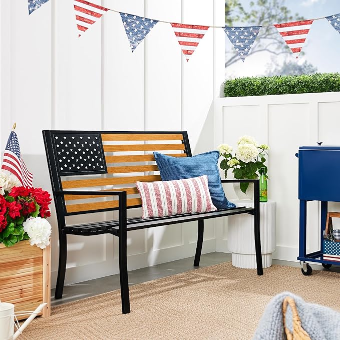 Best Choice Products Outdoor Bench 2-Person Steel Indoor/Outdoor Bench for Garden, Patio, Porch, Entryway w/American Flag, 790lb Capacity – Black/Wood