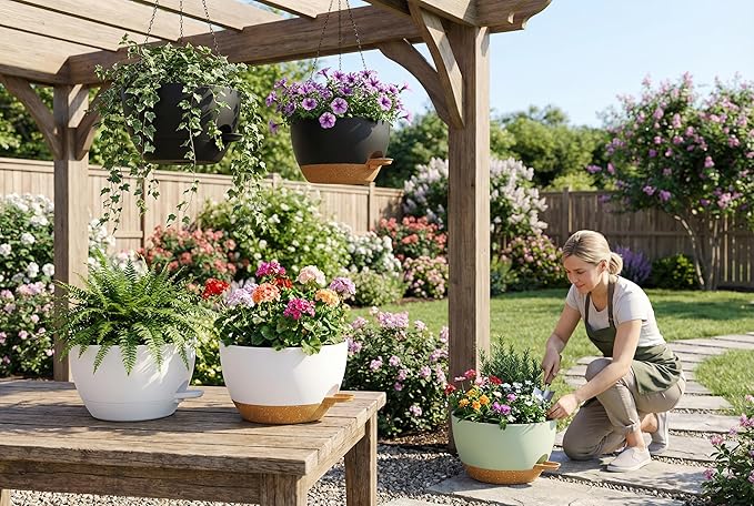 Hanging Planters, 3-Pack 10 Inch Self-Watering Pots with Drainage Holes and Chains, Matte Plastic Planters for Indoor/Outdoor Plant（Green Brown）