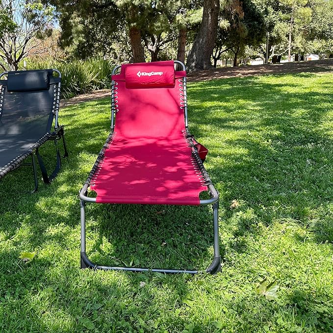 KingCamp Lounge Chair Outdoor, Folding Portable Tanning Chairs Comfy Adjustable 5-Position Lay Flat Foldable Chaise Chaser Lounger with Pillow for Outside Beach Patio Sun Bathing Pool Backyard, Wine