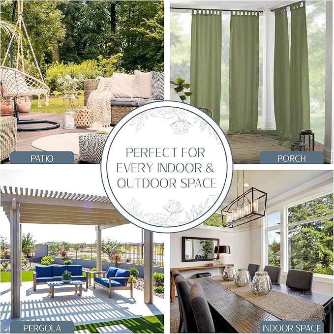 Elrene Home Fashions Matine Weatherproof Tab-Top Indoor/Outdoor Solid Color Curtain Panel for Porch, Pergola, Patio, Deck, 52”W x 95”L, Green (Pack of 3)