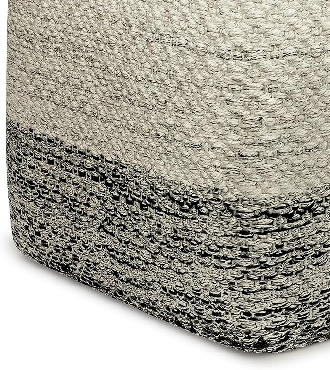 SIMPLIHOME Macie Square Pouf - 18 inch Wide Handcrafted PET Polyester Ottoman in Grey and White, Boho Indoor/Outdoor Footstool or Extra Seating for Living Room with Polystyrene Bead Filling, Assembled