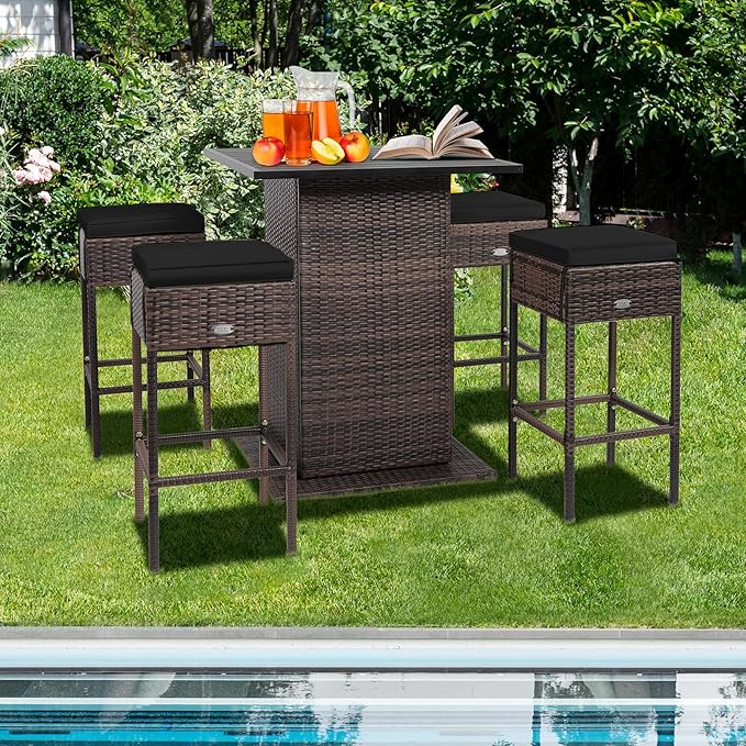 Tangkula 5 Piece Outdoor Rattan Bar Set, Patio Bar Furniture with 4 Cushions Stools and Smooth Top Table with Hidden Storage Shelf, Outdoor Conversation Set for Poolside, Backyard, Lawn