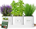 volila Herb Planter Indoor - Set of 3 Warmstone Indoor Herb Garden Pots for Plants with Leather Handled Tray - Window Sill Plant Shelf - Herb Pots with Drainage Holes and Labels