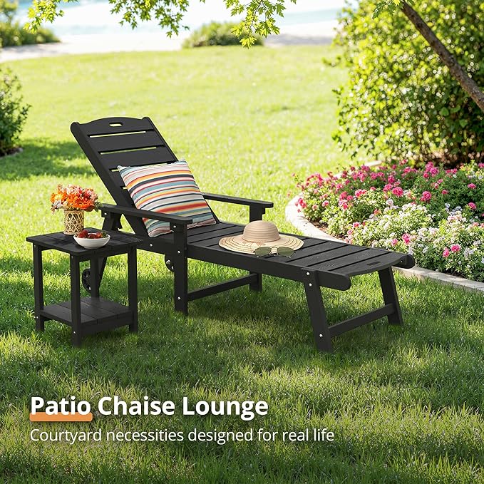 LUE BONA Outdoor Chaise Lounge Chairs Set of 4, HDPS Chaise Lounger, 5 Positions Adjustable Lounge Chairs, Pool Lounge Chair with Wheels for Poolside, Black