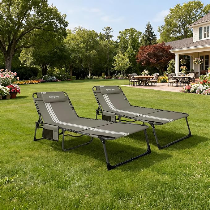 KingCamp Tanning Chair with Face Hole, Lounge Chairs Outdoor Folding Comfy Adjustable 5-Position Lay Flat Foldable Chaise Chaser Lounger for Outside Beach Patio Sun Bathing Pool, Grey/White