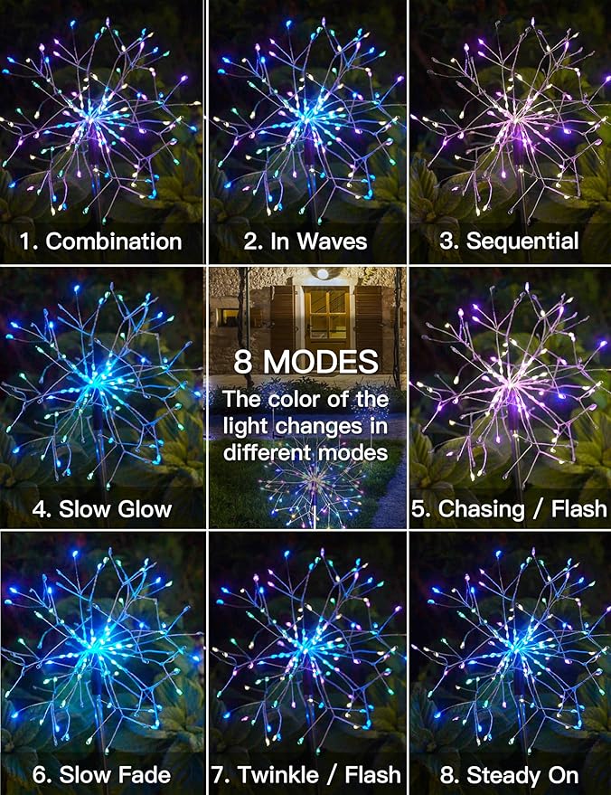 suddus Solar Garden Lights Outdoor Waterproof Decorative, 4Pack 150LED Firework Lights 8 Modes, Multicolor Solar Fairy Light for Yard, Patio, Pathway, Flowerbed Party Wedding Decor