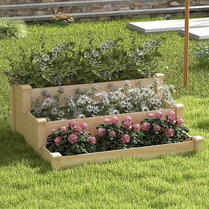Giantex 3-Tier Raised Garden Bed, Tiered Planter Box w/Open-Ended Base, Fir Wood Elevated Raised Beds for Gardening, Vegetable Flower Herb Fruit, Perfect for Patio, Lawn, Backyard