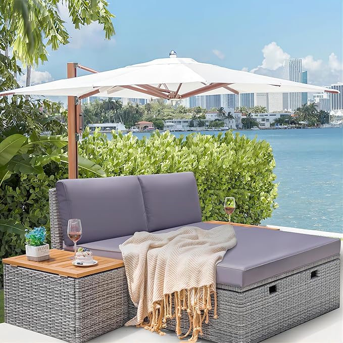 Greesum Outdoor Daybed Set Multifunctional Wicker Lounge Bed Furniture with Two Side Tables, Cushions, Storage Bench for Porch Lawn Patio Beach, OneSize, Gray