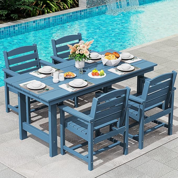SERWALL Patio Table Set, Outdoor HDPE Dining Furniture with Umbrella Hole, All Weather for Lawn, Garden, Backyard, Poolside, Blue | with Umbrella Hole, All Weather, for Lawn, for Garden, for Backyard, for Poolside