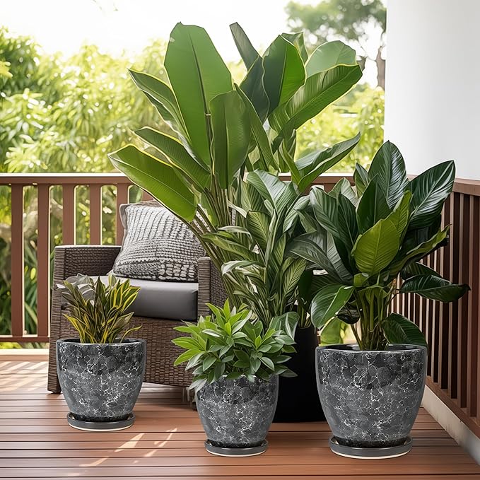 Ceramic Pots for Plants - 10 Inch Planter for Indoor Outdoor, Decorative Round Flower Pot with Drainage Hole and Saucer, Garden Patio Living Room Home Decor, Housewarming Gifts, Grey