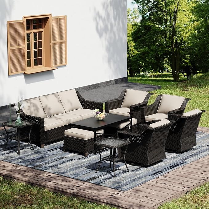 Joyside Wicker Patio Furniture Sets, 10 Pieces Upgraded Large Size Outdoor Furniture with 4 Swivel Rocking Patio Chairs, 3-Seat Sofa, Outdoor Ottoman, Thick Cushions, Wide Armrest, Beige