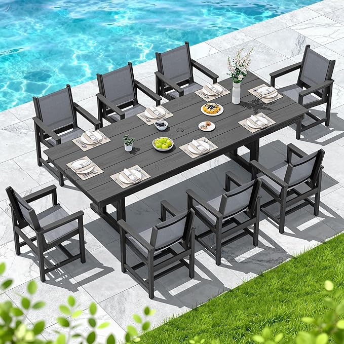 SERWALL 9 Piece Outdoor Dining Set, 84" HDPE Outdoor Large Table and Texilene Chairs for 8，All Weather Patio Dining Furniture Set with Umbrella Hole for Backyard, Garden, Black