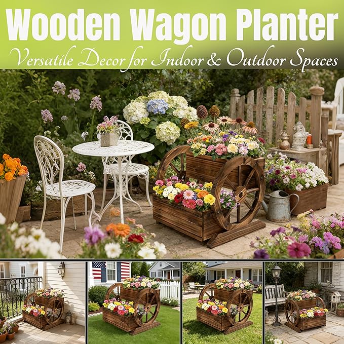 NestNature Wooden Wagon Planter Box,Raised Garden Bed,Decorative Garden Planters with Wheels-Outside Flower Pots for Indoor/Outdoor Décor Plants