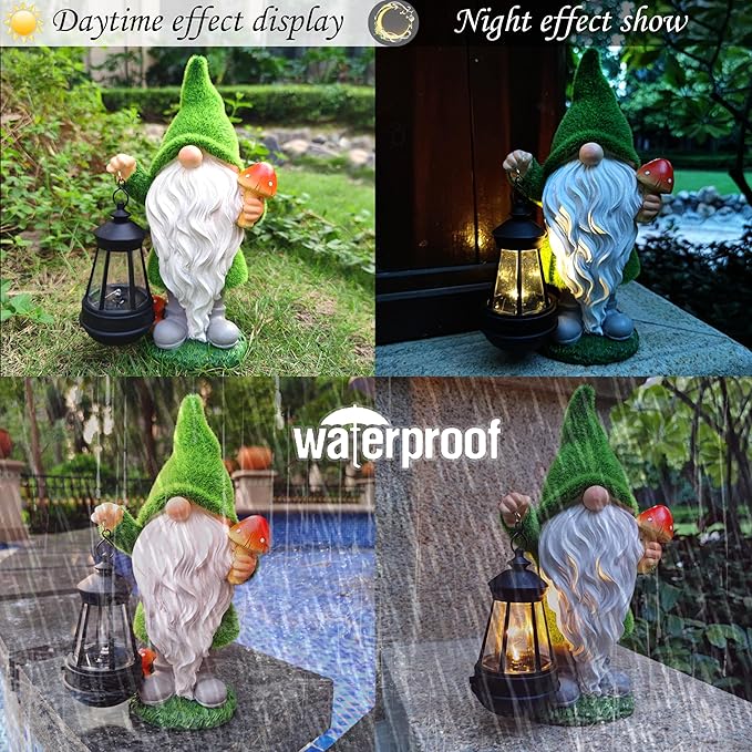 Gnomes Solar Garden Statues,Resin Gnome Figurine Decorations Holding Mushroom and Solar Lights Lantern, Outdoor Figurines Lawn Garden Statue Decor Art for Lawn,Yard, Balcony Ornament.
