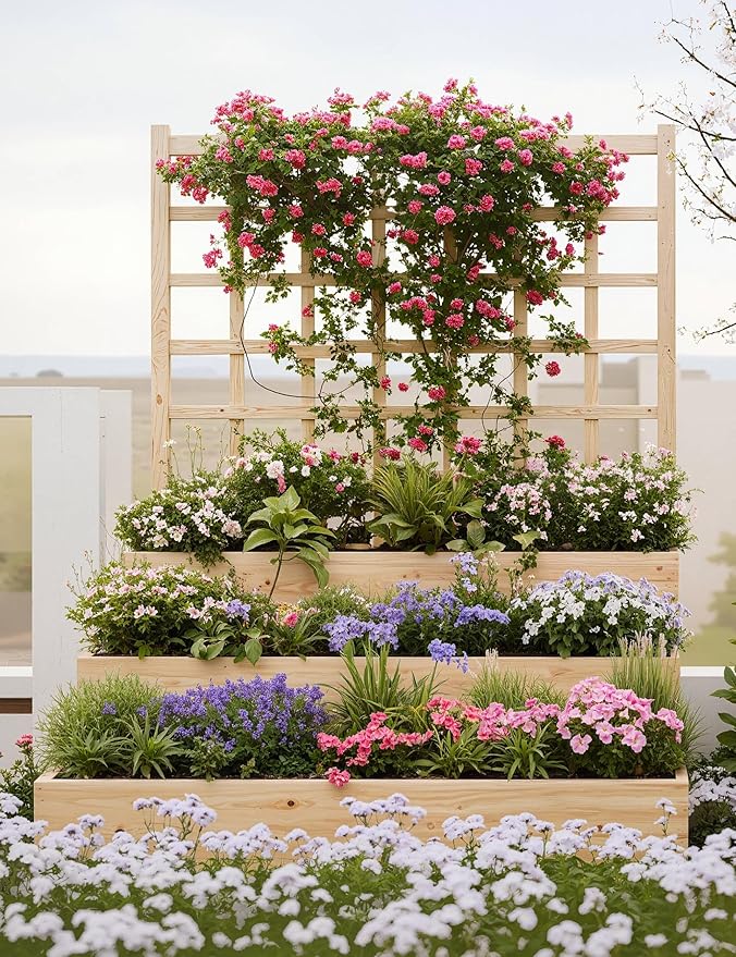 3-Tier Elevated Garden Planter, Wooden Vertical Raised Bed with Trellis & Drainage Base – Ideal for Climbing Plants, Flowers, Herbs, Vegetables – Outdoor Planter Box for Patio, Yard, or Lawn